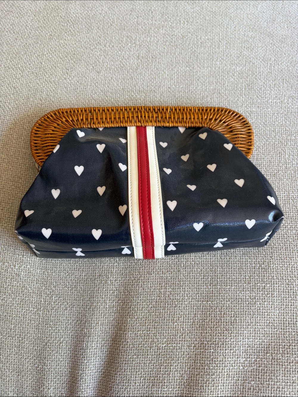 Draper James Navy Heart-Print Clutch with Red & Cream Stripe